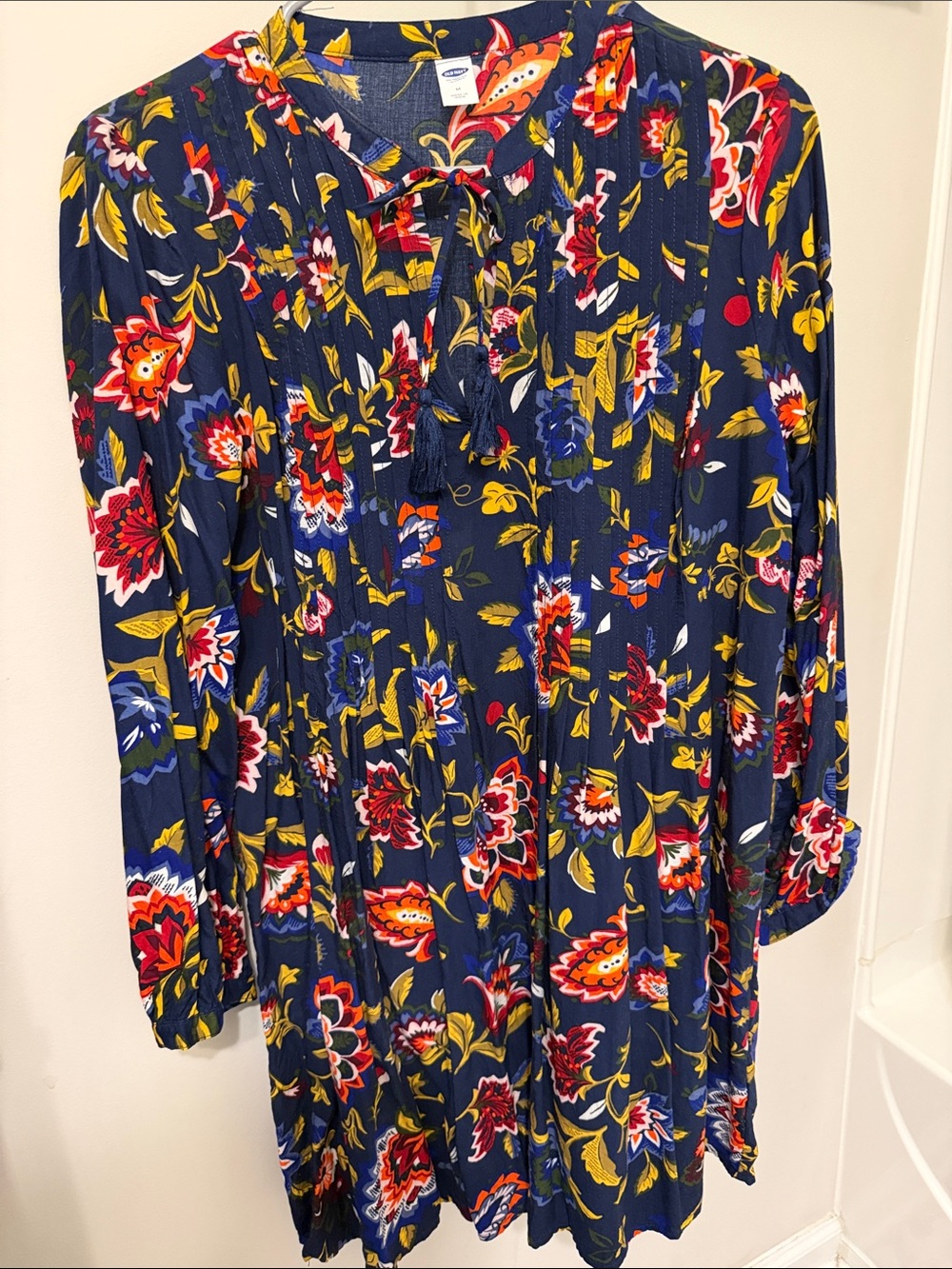 Old Navy Navy Floral Midi Dress with Red, Yellow & Blue Accents